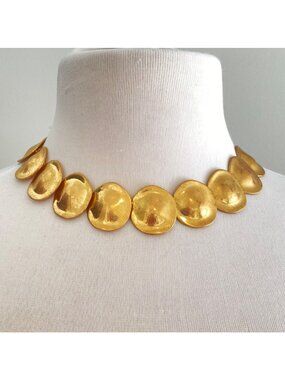 Vintage Gold-Tone Hammered Disc Statement Necklace With Adjustable Chain Chunky